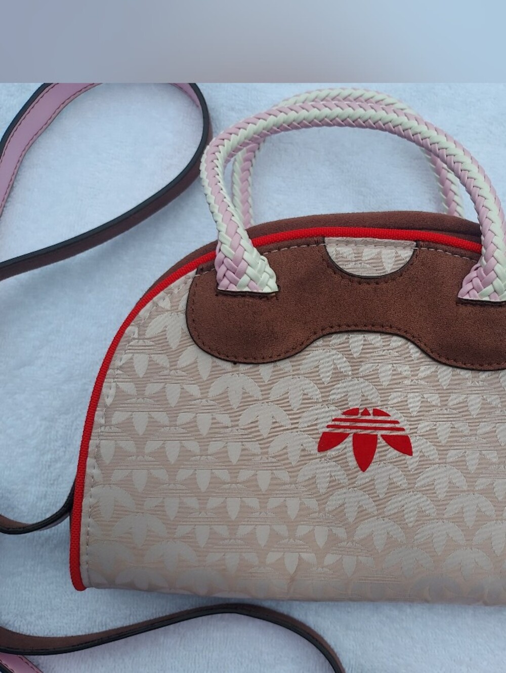 adidas Beige and Brown Mini Bag with Pink Braided Handles